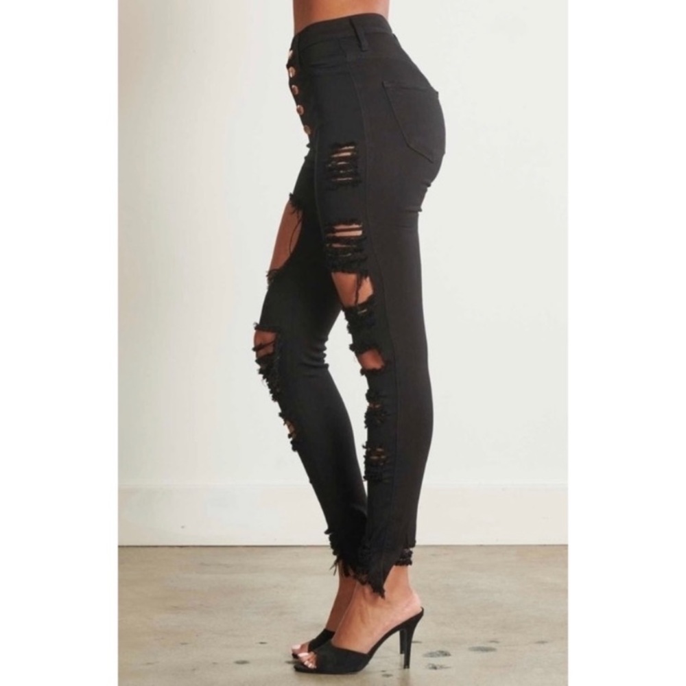 Black Rose Gold Button Up Distressed Skinny Jeans - Picture 5 of 8